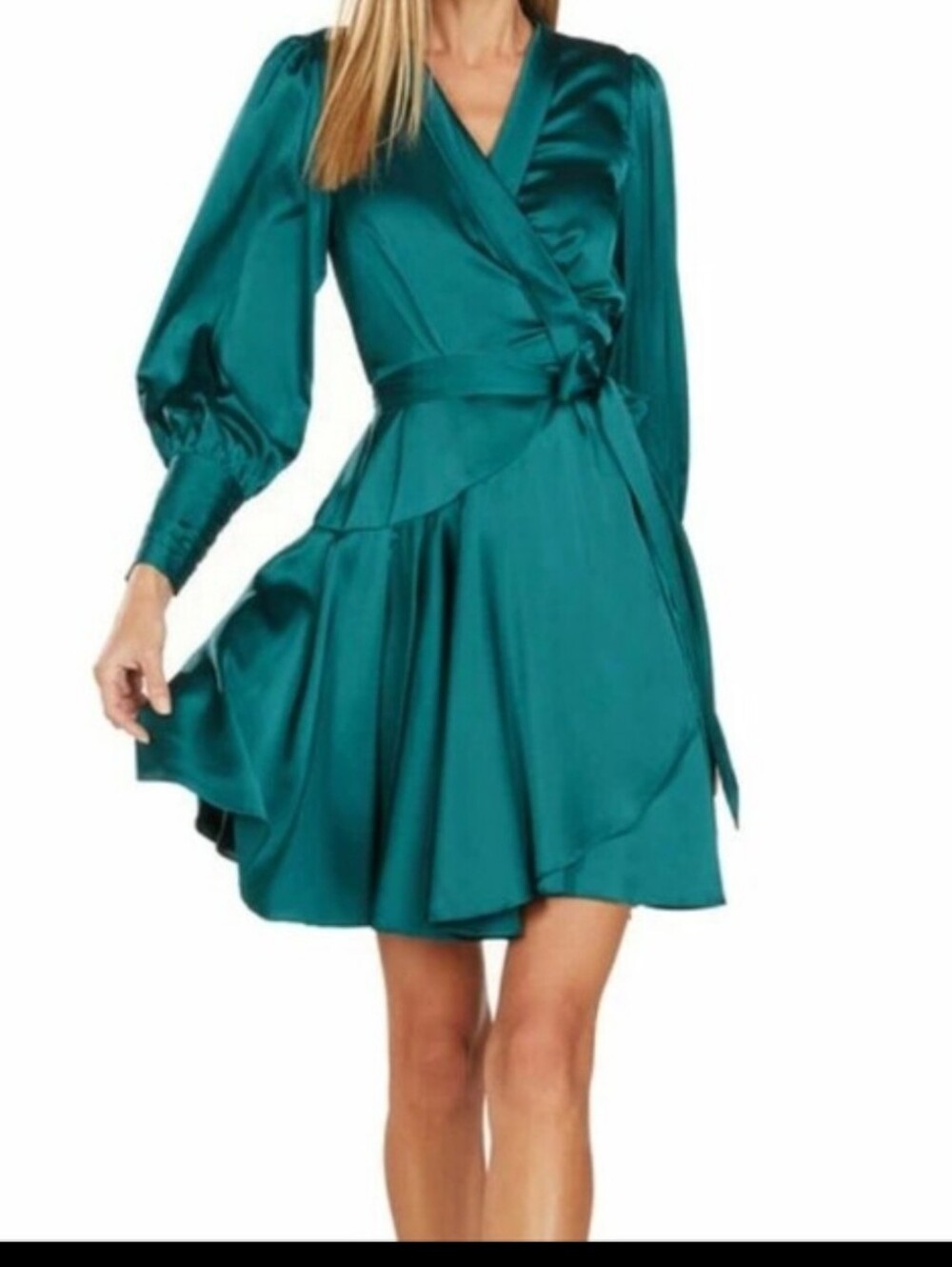 TRISH SCULLY ALBERTINE WRAP DRESS TEAL WOMEN LONG SLEEVE SATIN RIFFLE SZ 10 NWT